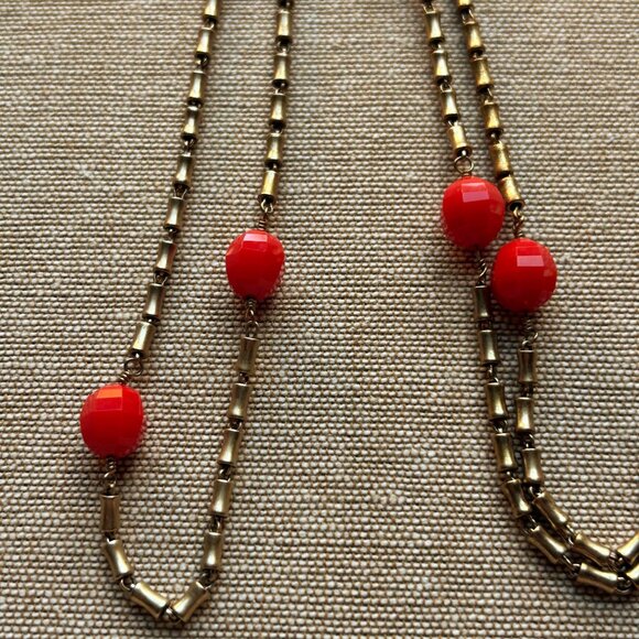 J Crew Gold-Tone Necklace w Tube Shaped Beads and Red Faceted Beads - Picture 4 of 6